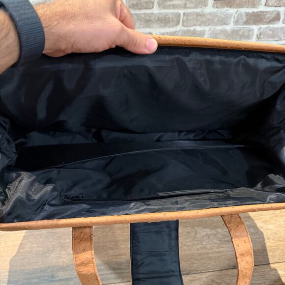 Elizabeth Arden Faux Ostrich Canvas Tote Travel Weekender Bag Satchel Black Tan - Picture 5 of 7